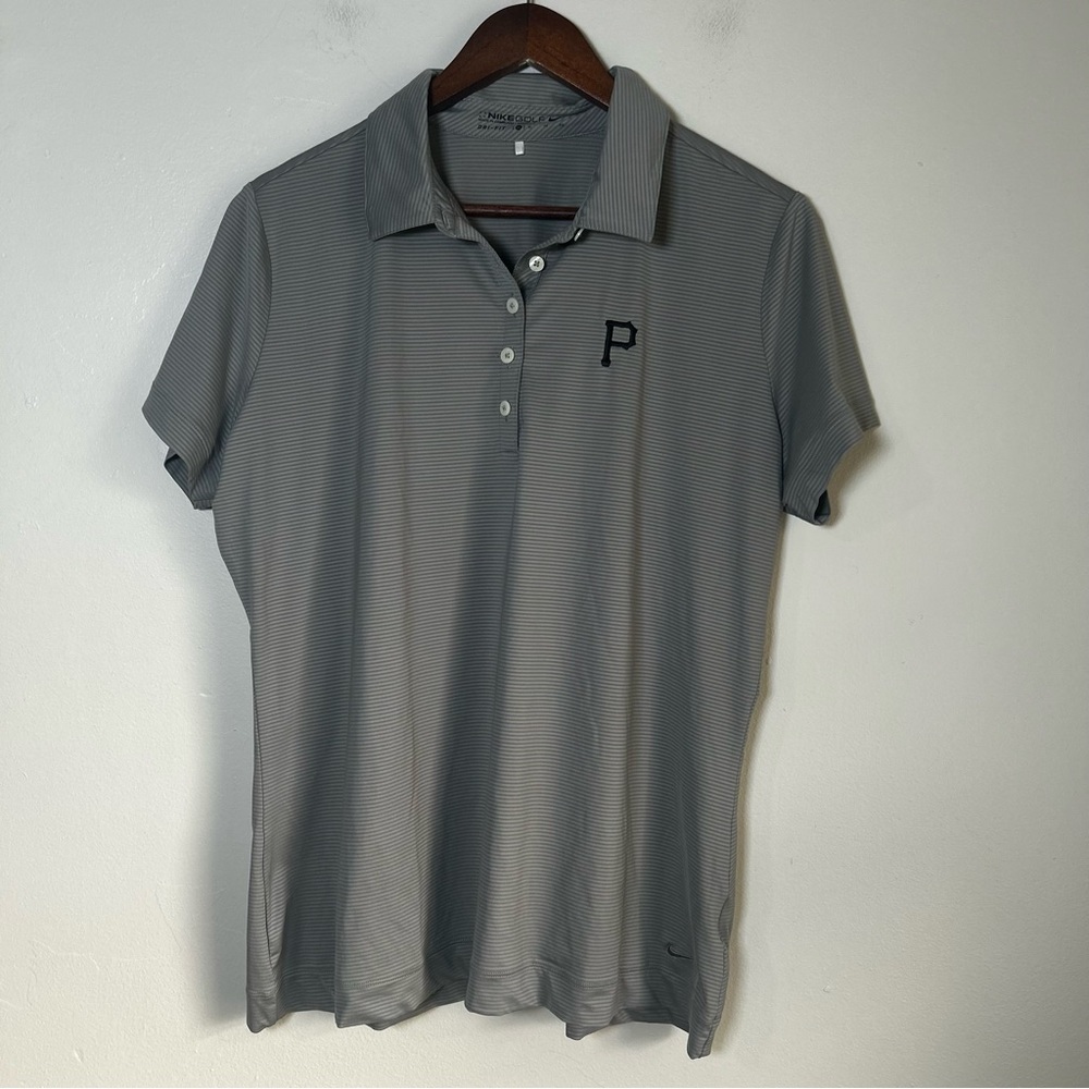 Nike Golf Dri Fit Polo Shirt Gray Striped Pirates Logo Women's XL‎